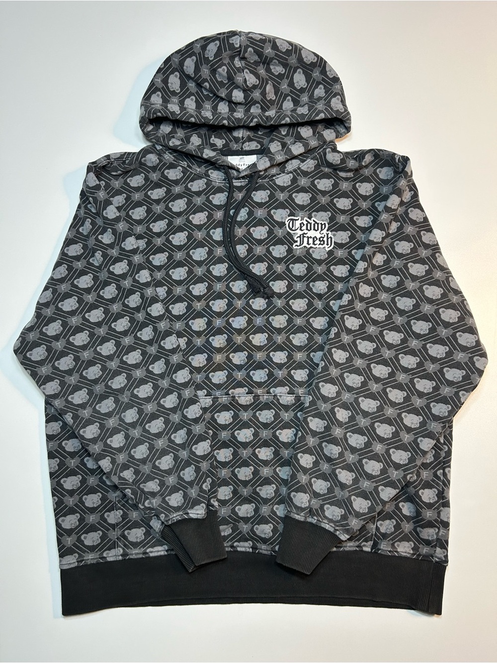 Teddy Fresh Monogram Bear All Over Print Gothic Font Logo Pullover Hoodie Black